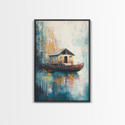 Floating House Painting, Lakefront Scene, Rustic Boat Art, Tranquil Landscape, Water Reflection Art, Framed Canvas Print