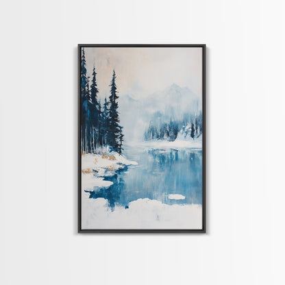 Snowy Mountain Scene, pine tree art, smoky mountain art, landscape painting, framed canvas print, rustic wall art, above sofa art