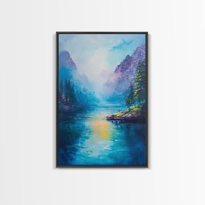 Mountain Lake View, Landscape Painting, Lake Tahoe Art, Smoky Mountain Art, Nature Wall Art, Bedroom Art, Framed Canvas Print