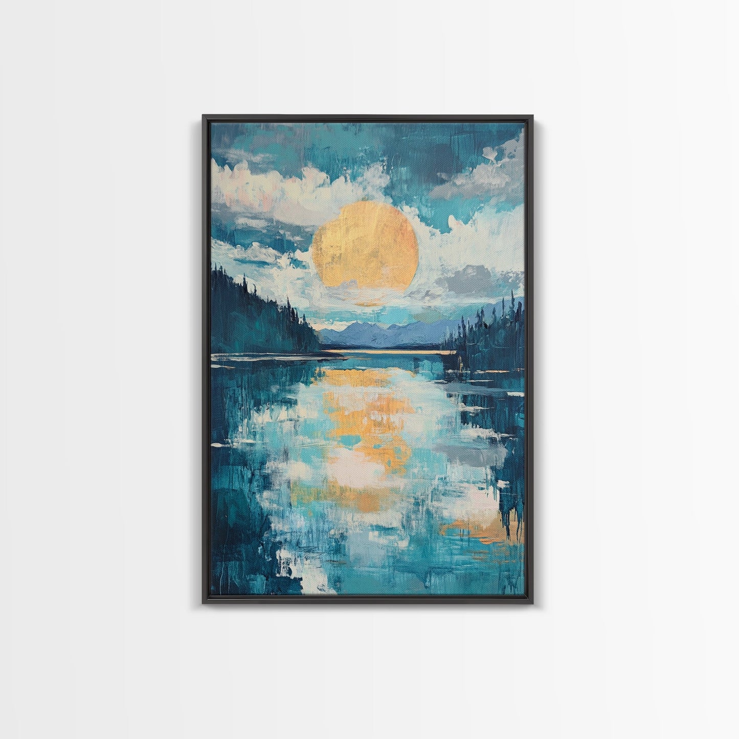 Moon Oil Painting, Smoky Mountain Art, Wabi Sabi Wall Art, Framed Canvas Print, Moody Art, Blue and Green Wall Art, Above Sofa Art