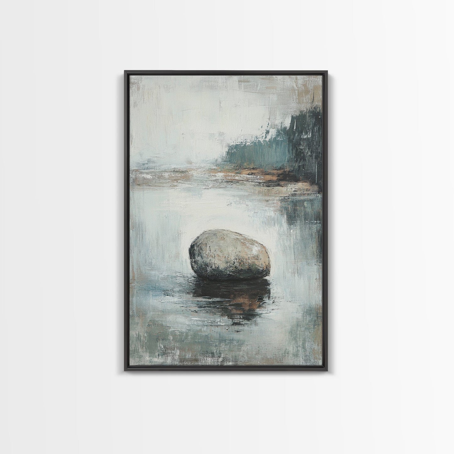 Serene River Rock Canvas Print Nature Inspired Wall Art, Minimalist Landscape Painting, Zen Decor, Neutral Tones, Living Room Artwork