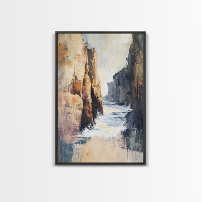 Canyon Coastal Waves Framed Canvas Print Dramatic Landscape Wall Art, Nature Painting, Rustic Western Art, Ocean Cliffs Artwork