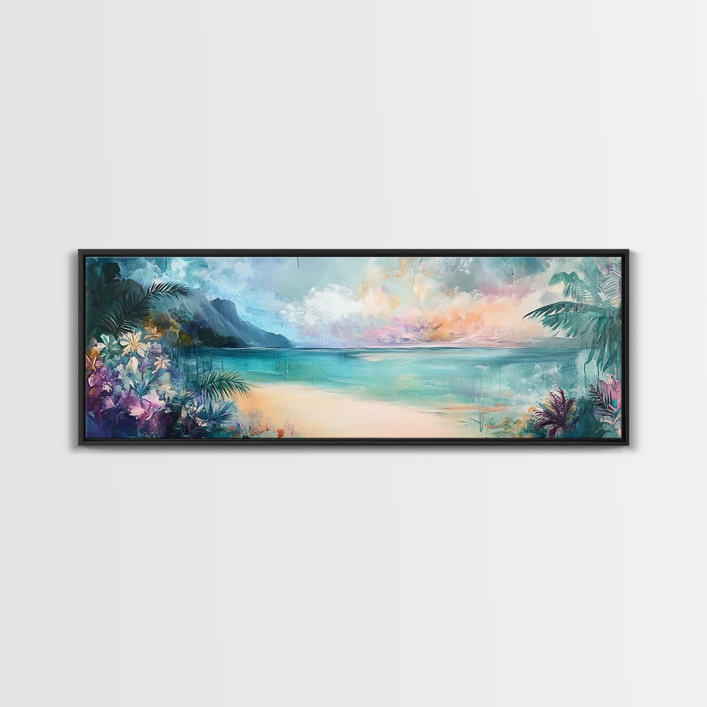 Tropical Beach Paradise Framed Canvas Print, Vibrant Ocean Wall Art, Hawaii Sunset Painting, Coastal Living Room Decor, Relaxing Art