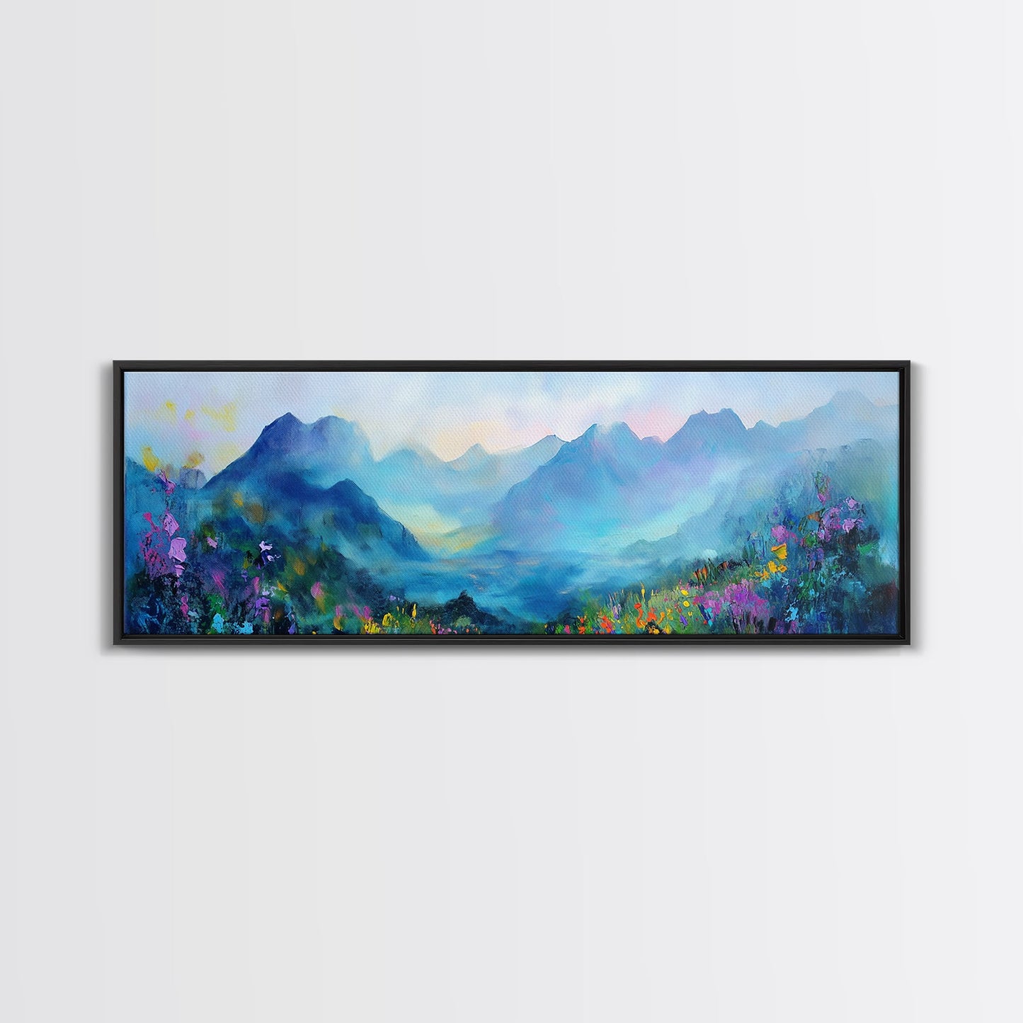 Alpine Sunrise Framed Canvas Print - Misty Mountain Wall Art, Nature Landscape Painting, Warm Toned Home Decor, Living Room Accent