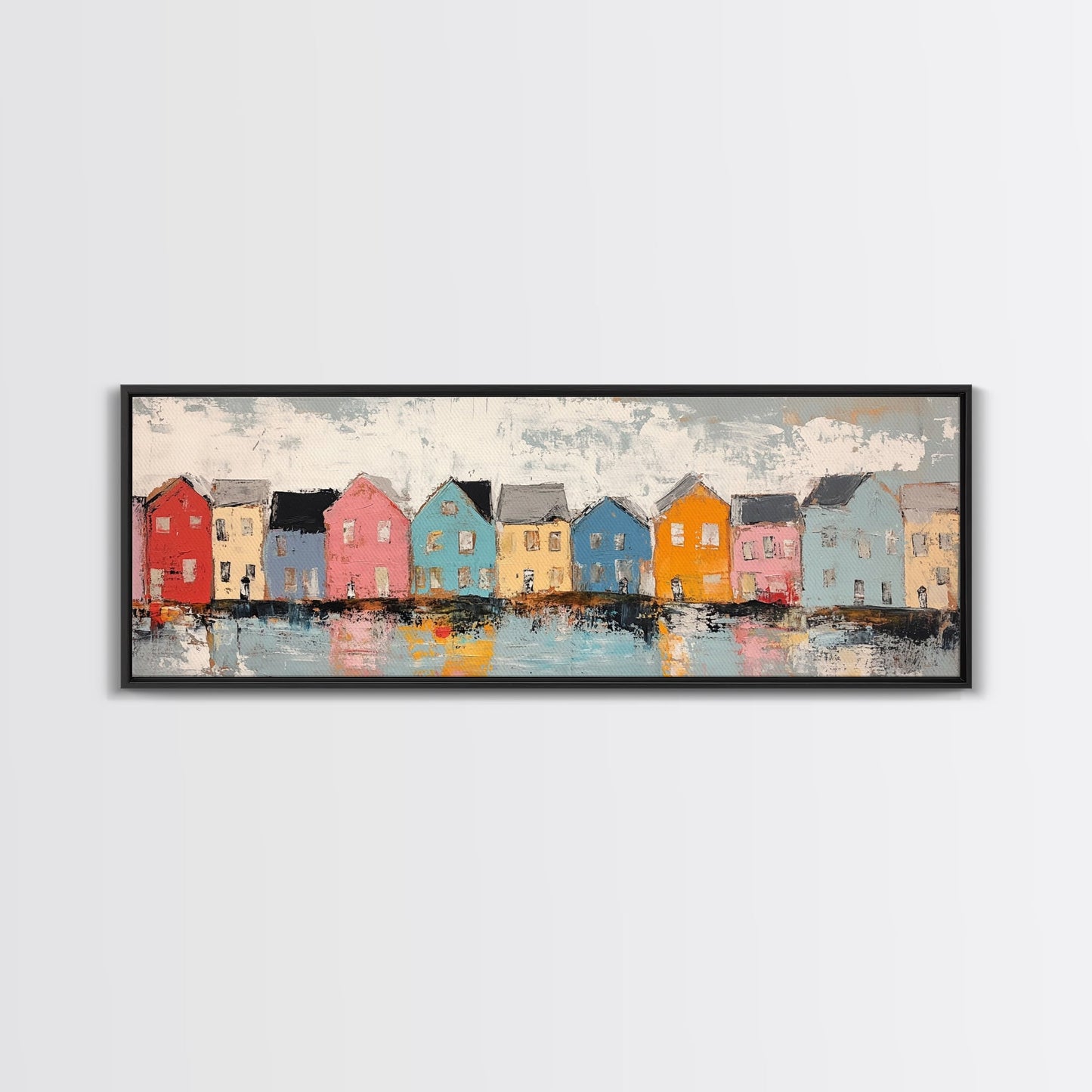 Coastal Village Houses Framed Canvas Print Colorful Seaside Town Painting Rustic Home Wall Art Nautical Decor Large Wall Art