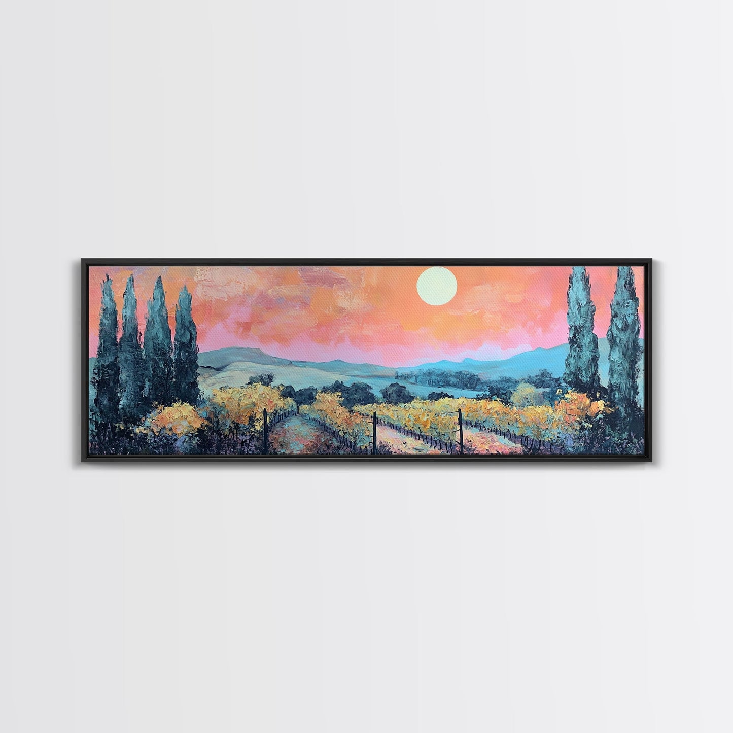 Tuscany Vineyard Painting Sunset Landscape Wall Art Rustic Countryside Decor Warm Autumn Aesthetic Dining Room