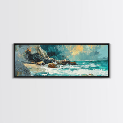 Ocean Cliffside Painting Coastal Rocky Beach Wall Art Dramatic Seascape Artwork Nautical Home Decor Dining Room