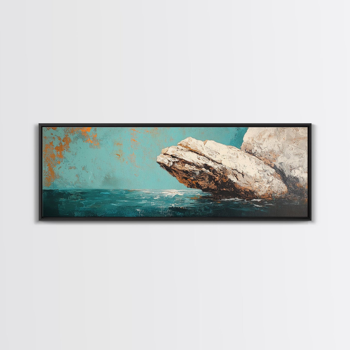 Coastal Rock Formation Framed Canvas Print, Ocean Cliff Painting, Nautical Wall Art, Beach House Decor, Textured Landscape Artwork