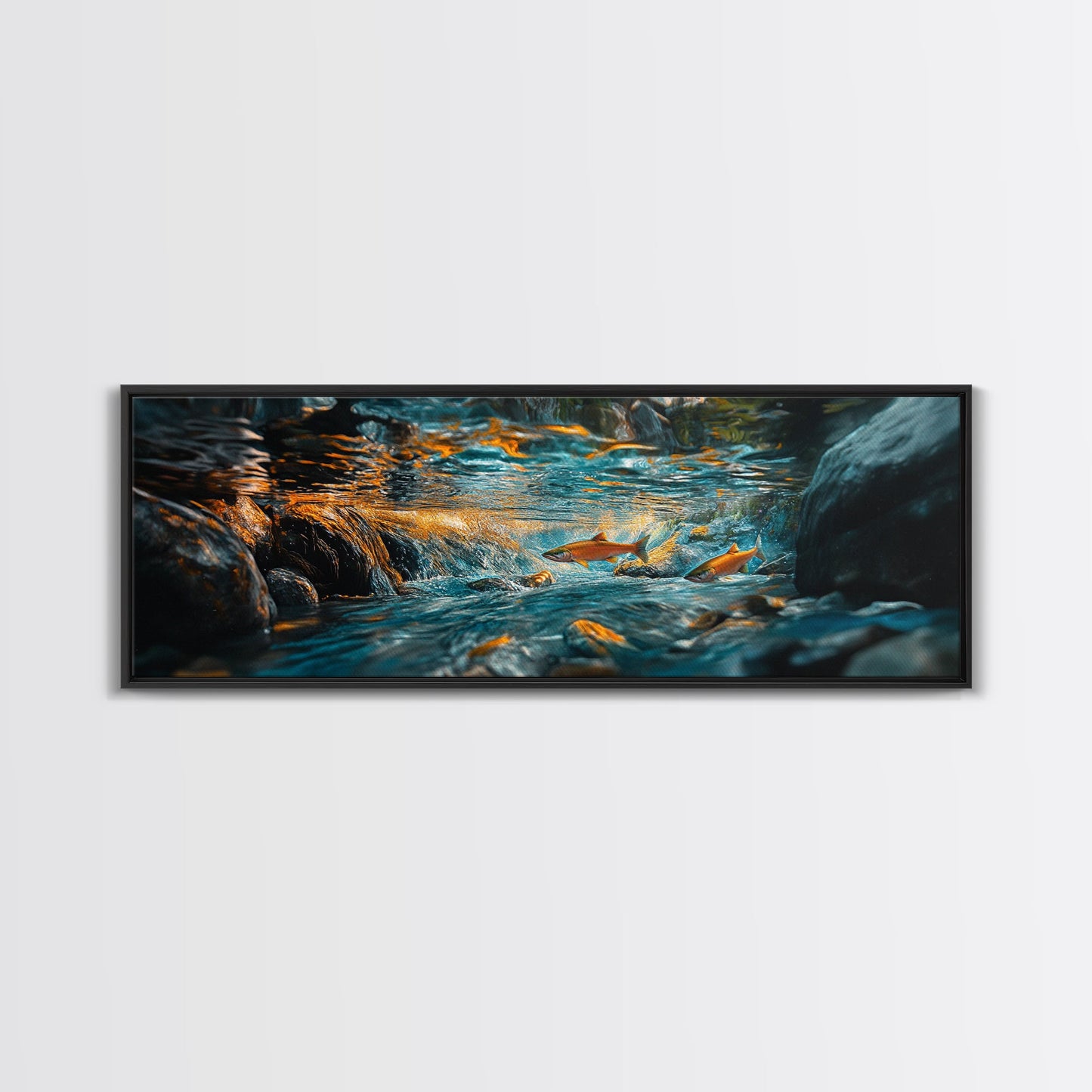 Vibrant Underwater River Scene Framed Canvas Print, Nature Wall Art, Rustic Cabin Decor, Wildlife Painting, Living Room Art
