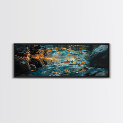 Vibrant Underwater River Scene Framed Canvas Print, Nature Wall Art, Rustic Cabin Decor, Wildlife Painting, Living Room Art
