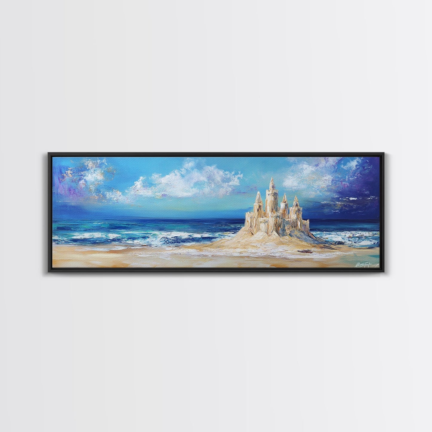 Fantasy Sandcastle Seascape Framed Canvas Print, Beach House Wall Art, Nautical Painting, Whimsical Ocean Scene, Kids Room Decor