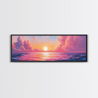 Pink Sunset, Romantic Ocean Painting, Vibrant Seascape Wall Art, Coastal Home Decor, Canvas Print, Dreamy Sky, Bedroom Artwork