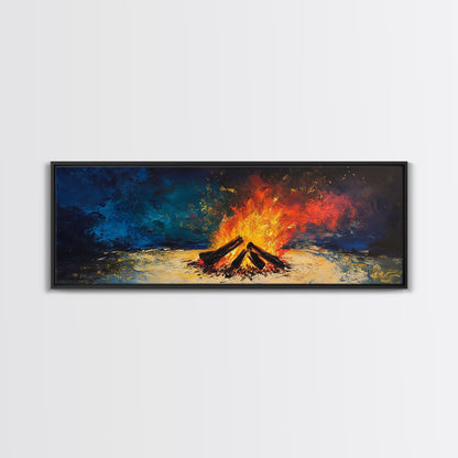 Fiery Campfire Night Canvas Print Rustic Outdoor Wall Art Cozy Bonfire Painting Autumn Cabin Decor Warm Wilderness Gift