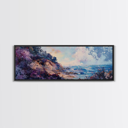 Rocky Shoreline Framed Canvas Print Vibrant Coastal Wall Art, Textured Ocean Scene, Sunset Beach Painting, Modern Boho Decor