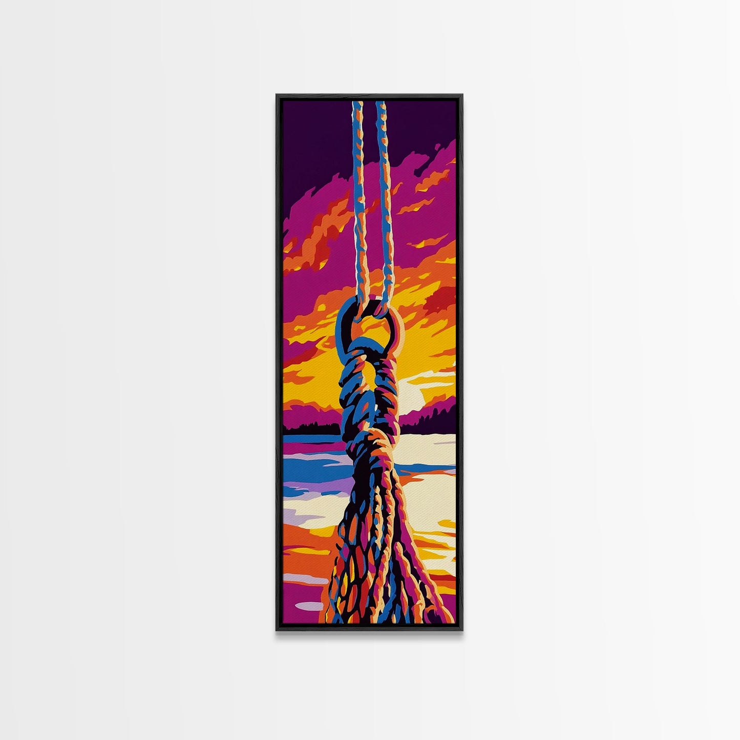 Schaukelseil, maritime Wandkunst, Sonnenuntergangs-Leinwanddruck, Küstenhaus-Dekoration, Strandhauskunst, Wohnzimmerkunst, Boho-Ästhetik
