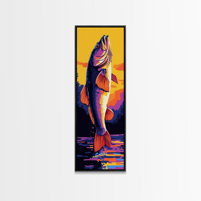 Jumping Fish, Bass Fishing Art, Vibrant Lake Scene, Bold Outdoor Wall Decor, Cabin Aesthetic, Nature Lover Gift, Framed Canvas Print