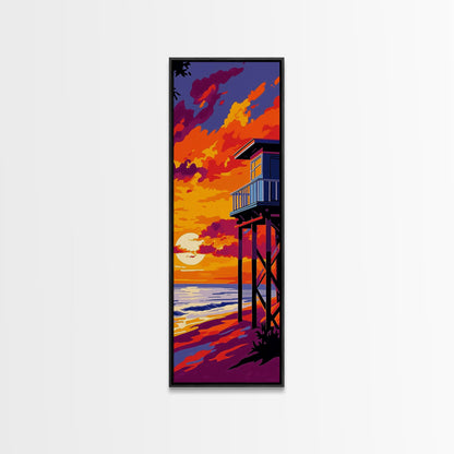 Lifeguard Tower, Ocean Sunset, Beach House Art, Framed Canvas Print, Coastal Wall Decor, Vibrant Seascape Painting, Nautical Decor