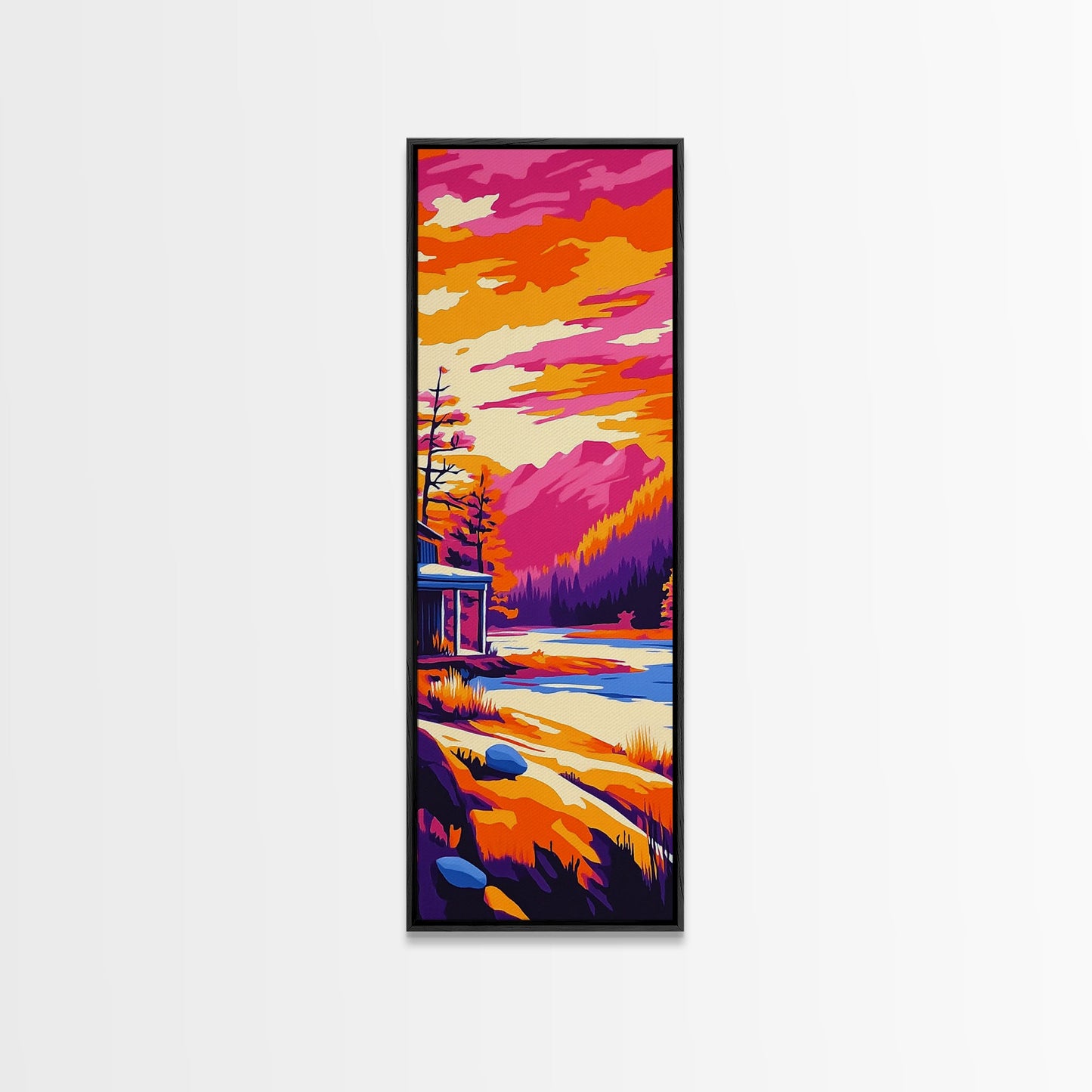 Sonnenuntergangsszene mit Hütte, gerahmter Leinwanddruck, lebendige Berglandschaft, Seelandschaft, gemütliche Hüttendekoration, Naturnahe Wohndekoration, rustikale Wandkunst