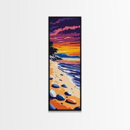 Tranquil Shoreline Sunset, Framed Canvas Print, Serene Beach Art, Vibrant Ocean View, Coastal Living Decor, Boho Aesthetic