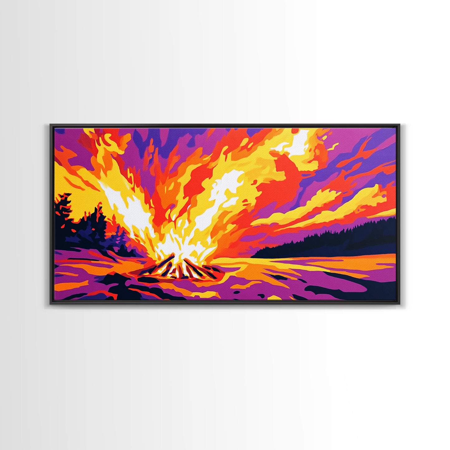 Campfire Blaze, Night Sky Glow, Framed Canvas Print, Cozy Cabin Wall Art, Rustic Living Room, Adventure Decor, Warm Autumn Colors