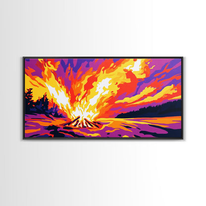 Campfire Blaze, Night Sky Glow, Framed Canvas Print, Cozy Cabin Wall Art, Rustic Living Room, Adventure Decor, Warm Autumn Colors