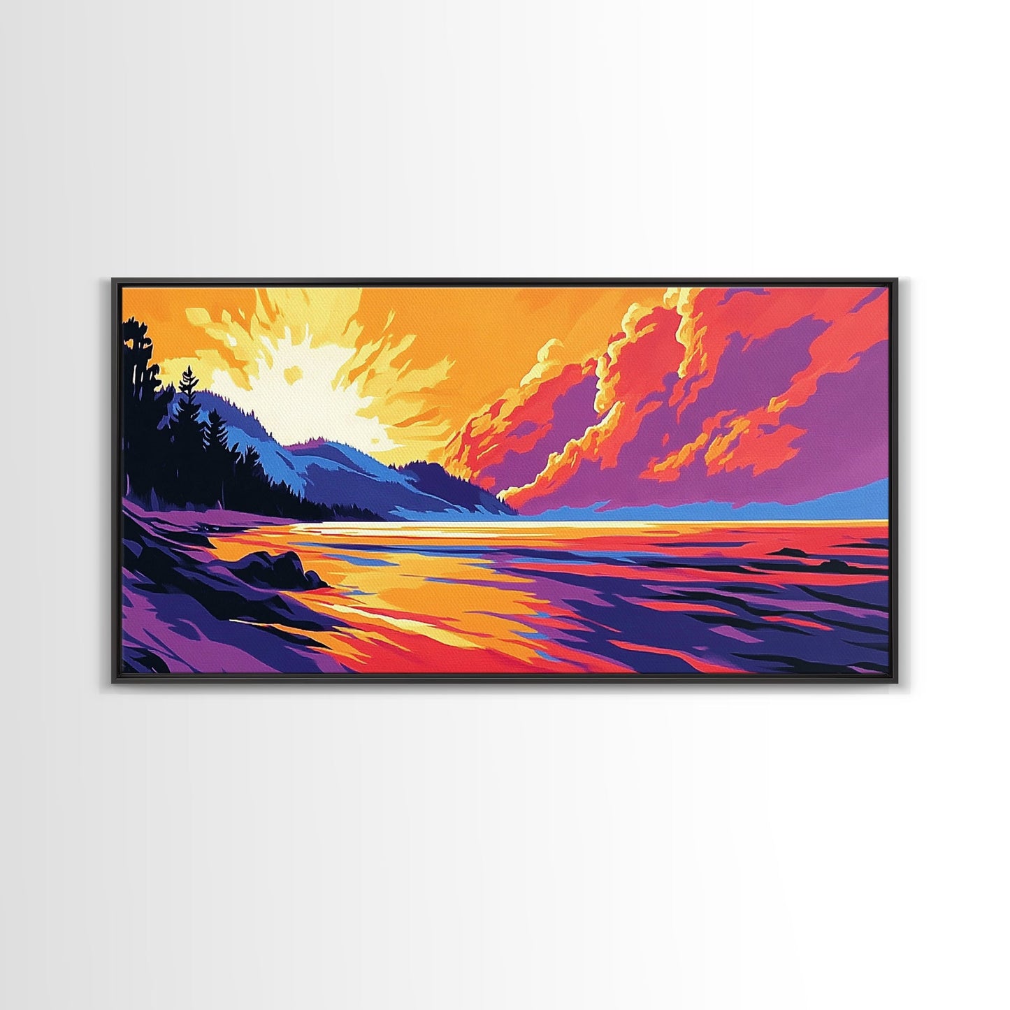 Lakeside Sunset, Vibrant Landscape Art, Warm Color Nature Scene, Bold Scenic Print, Framed Canvas Print, Living Room Wall Art