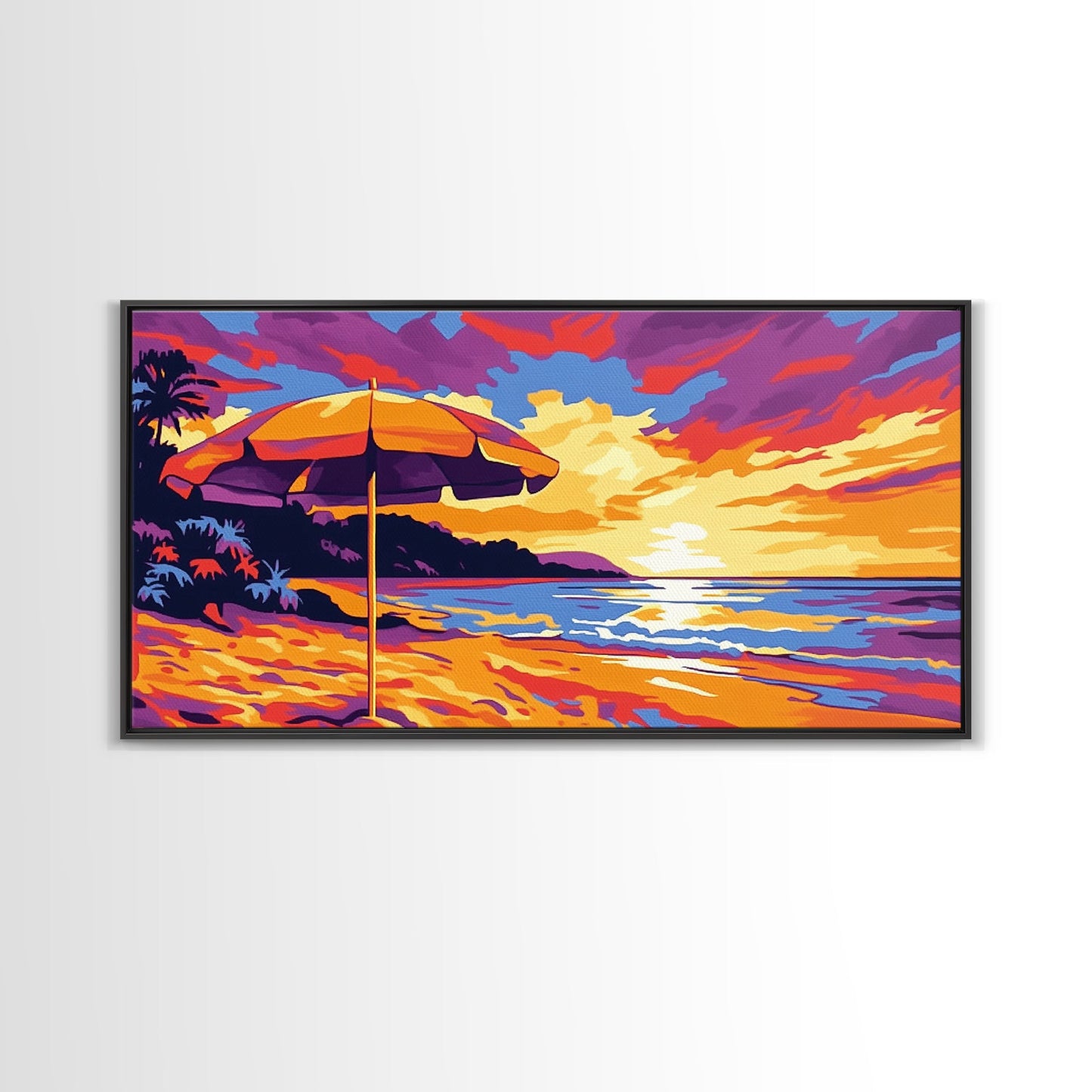 Beach Umbrella, Coastal Sunset Art, Vibrant Ocean Scene, Warm Tropical Decor, Beach Print, Canvas Print, Bedroom Wall Art, Lounge Art