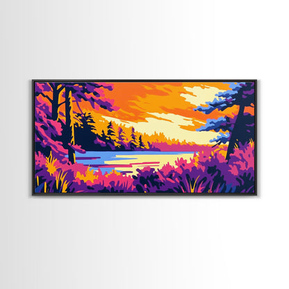 Forest Lake, Autumn Sunset, Vibrant Nature Scene, Rustic Cabin Wall Art, Cozy Home Aesthetic, Framed Canvas Print