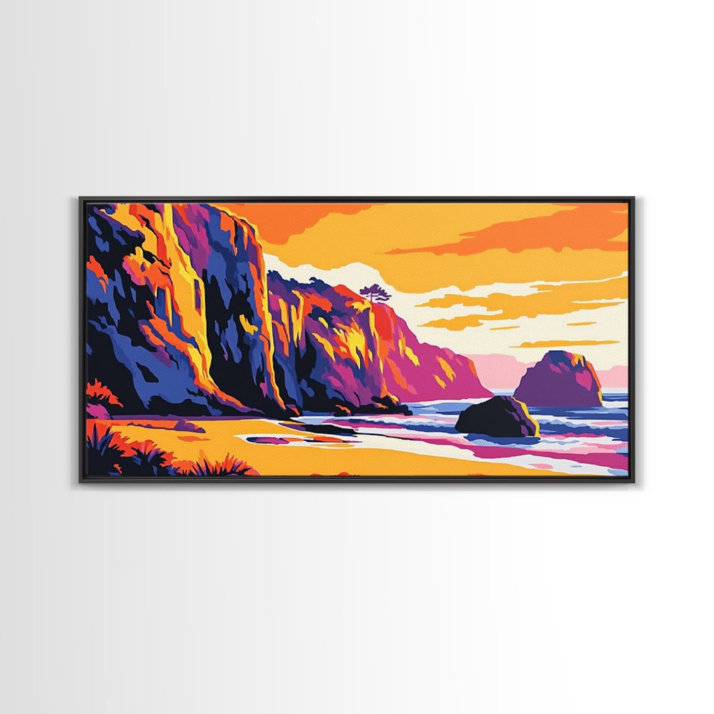 Meeresklippen, Küsten-Sonnenuntergangskunst, Lebendiges Meereslandschaftsgemälde, Strandwanddekoration, Gerahmter Leinwanddruck, Maritime Wohngestaltung, Bürokunst