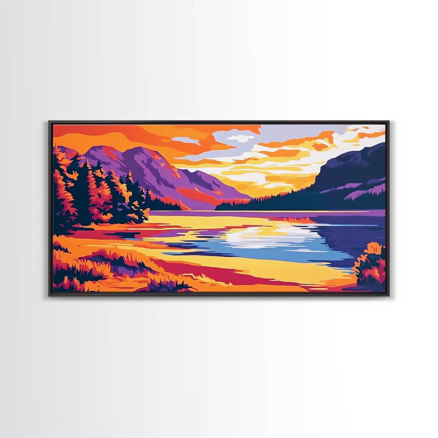 Mountain Lake, Sunset Wall Art, Nature Scene, Vibrant Colors, Rustic Decor, Modern Wilderness, Living Room, Canvas Print