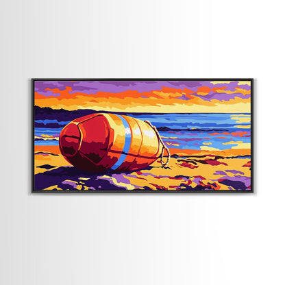 Beach Buoy, Coastal Sunset Painting, Vibrant Nautical Art, Ocean Shore Decor, Framed Canvas Print, Bathroom Wall Art, Beach House Style