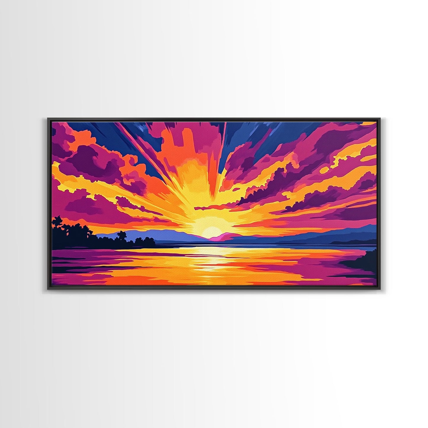 Vibrant River Sunset, Colorful Landscape Wall Art, Warm Nature Print, Bold Sky Painting, Autumn Home Decor, Framed Canvas Print