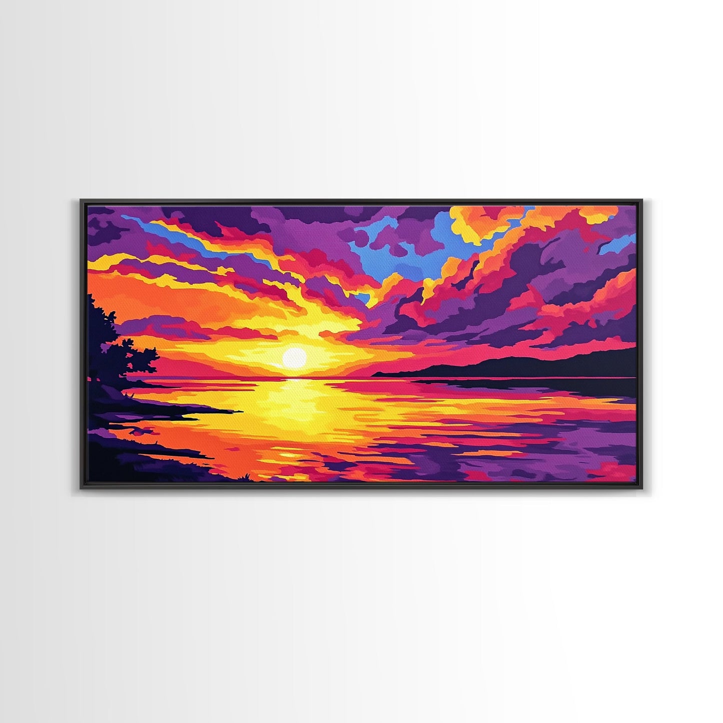 Dramatic Beach Sunset, Vibrant Sky Art, Colorful Coastal Print, Bold Nature Painting, Modern Home Wall Decor, Framed Canvas Print