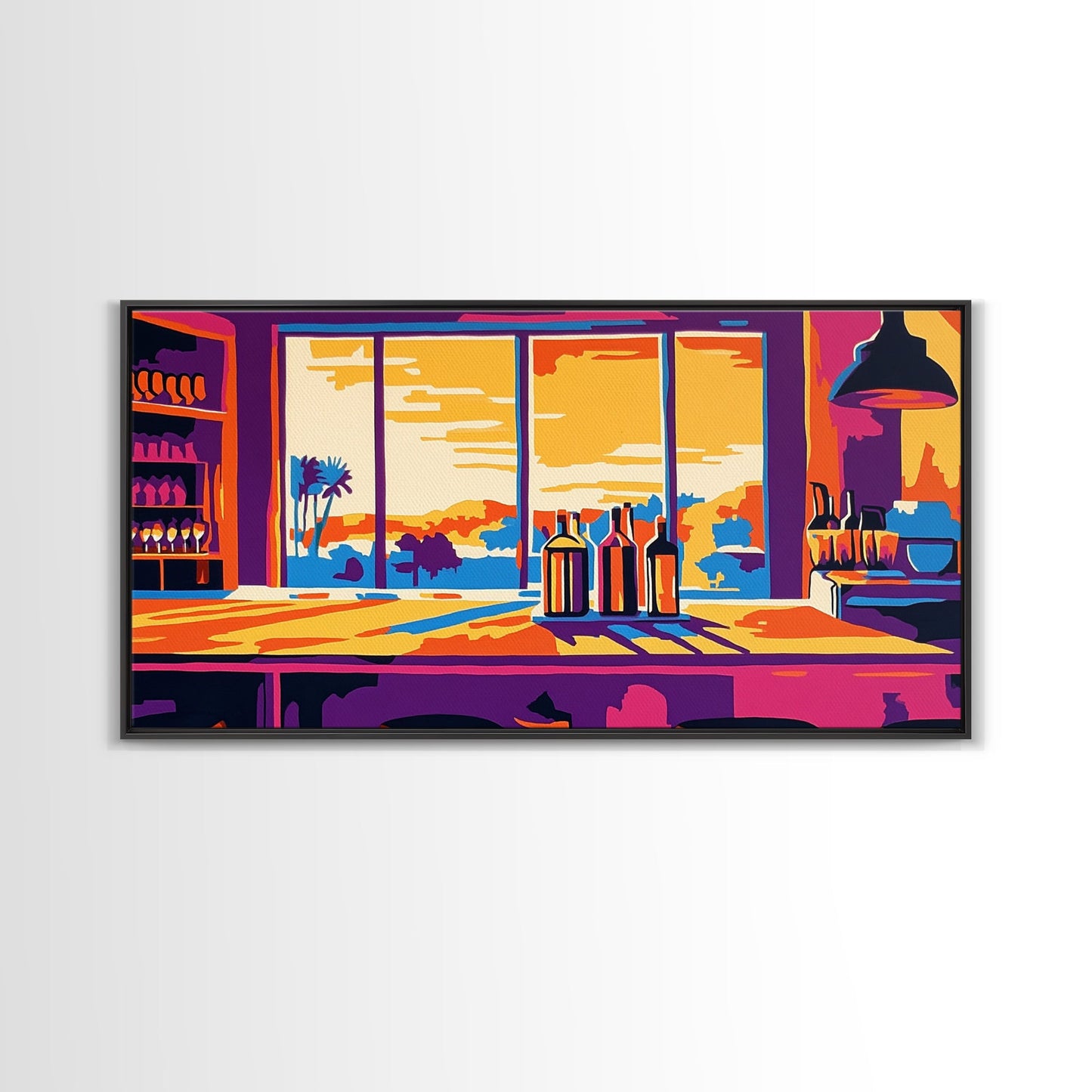 Bar Sunset, Wine Bottles, Cozy Kitchen, Framed Canvas Print, Wall Art, Modern Home, Dining Room, Cocktail Lounge, Warm Colors, Vibrant Art