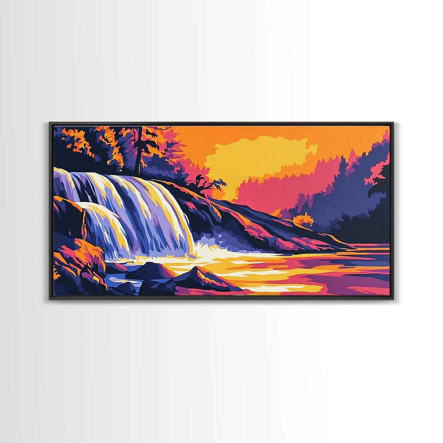 Waterfall, Forest, Autumn Sunset, Peaceful Scenery, Framed Canvas Print, Cabin Retreat, Rustic Home, Relaxing Nature, Vibrant Colors