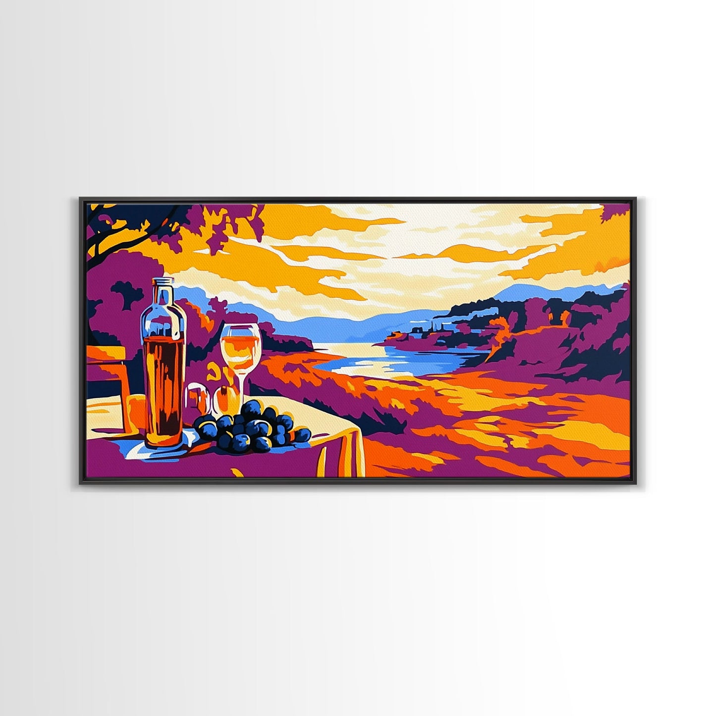 Wine and Sunset, Coastal Vineyard Art, Framed Canvas Print, Kitchen Wall Decor, Rustic Countryside Art, Tuscany Inspired