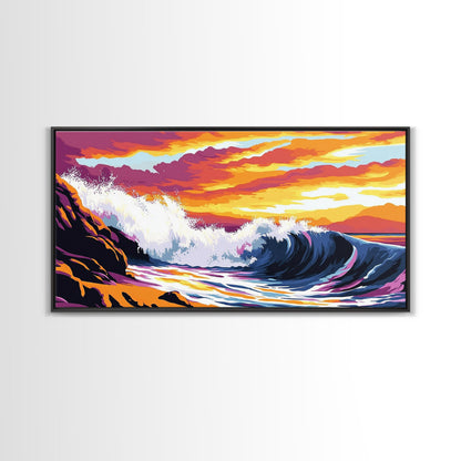 Crashing Wave, Sunset Surf, Nautical Wall Art, Framed Canvas Print, Coastal Decor, Ocean Lover Gift, Tropical Beach Art, Beach House Style