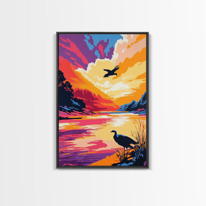 Sunset River, Birds, Framed Canvas Print, Vibrant Nature Art, Wildlife Wall Art, Autumn Landscape, Office Artwork, Colorful Sunset Scene