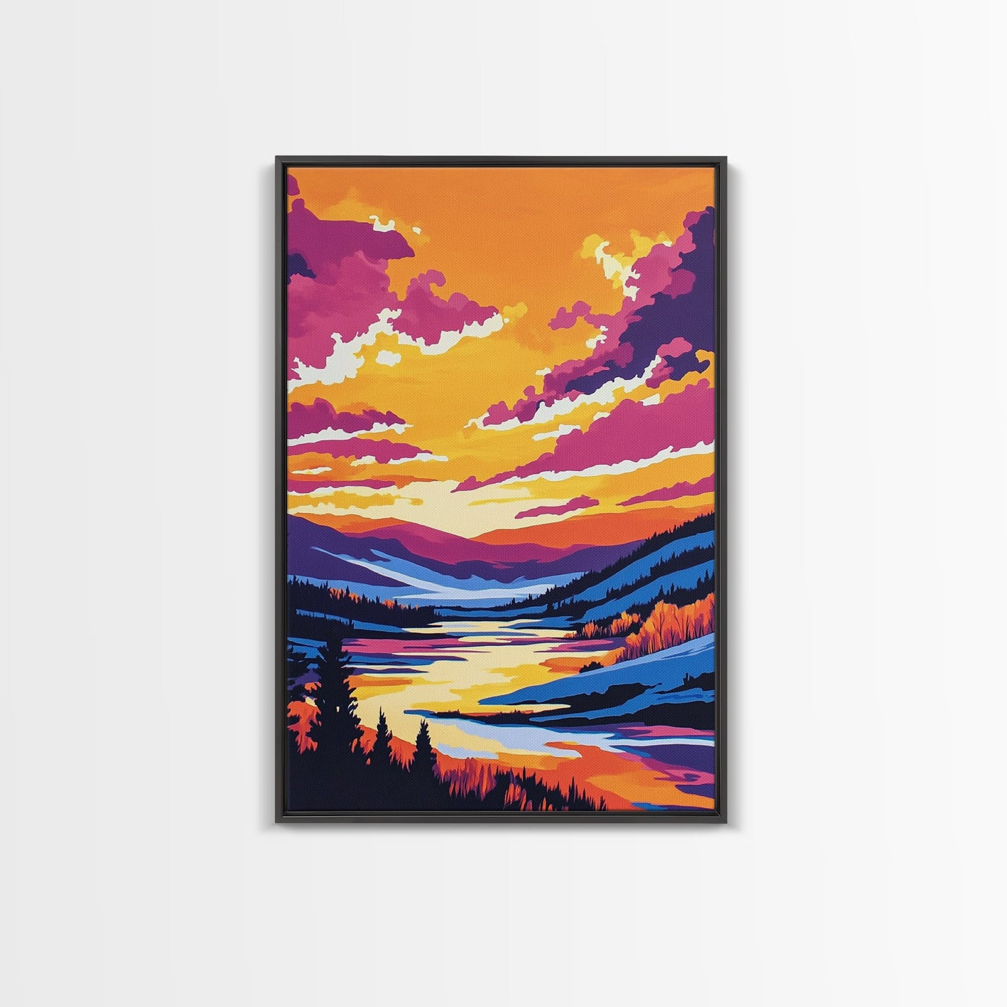 Sunset Valley, Reflection, Framed Canvas Print, Mountain River Art, Vibrant Landscape, Living Room Wall Art, Rustic Home Decor