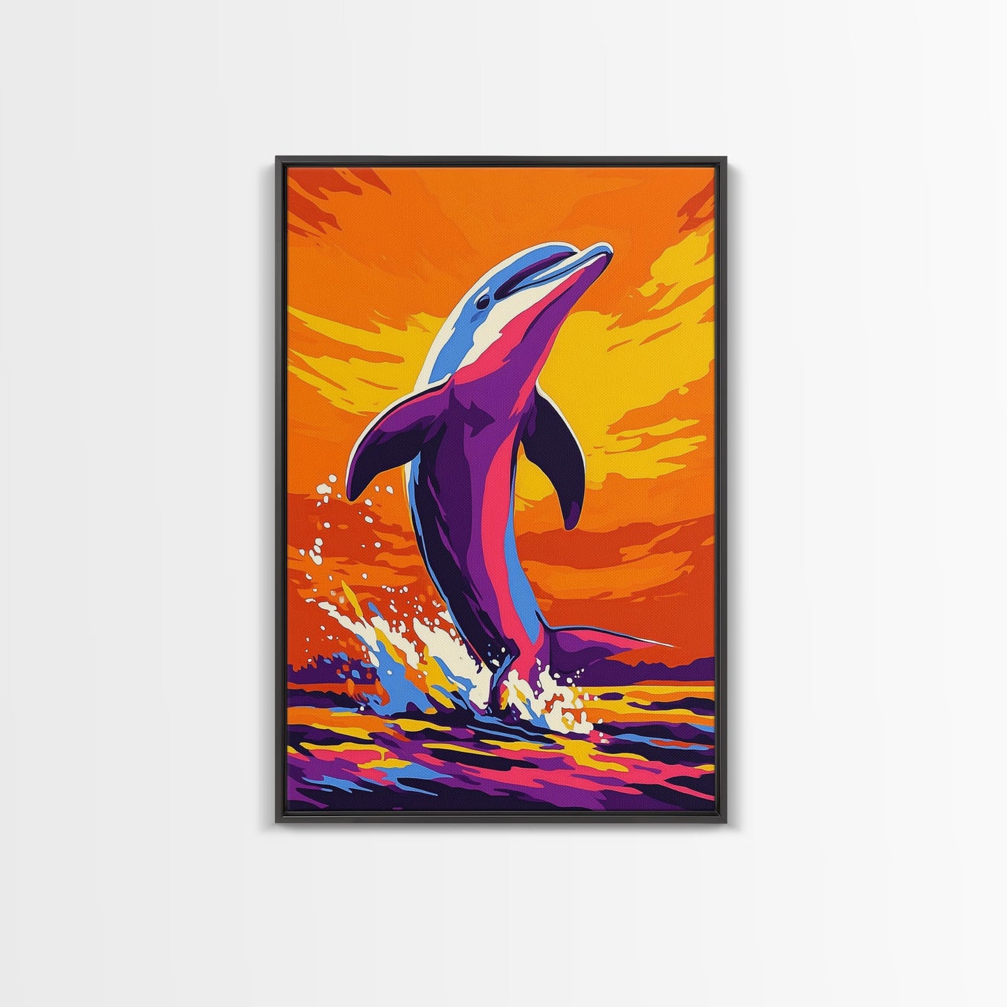 Dolphin Ocean, Sunset, Framed Canvas Print, Vibrant Sea Life Art, Beach House Decor, Coastal Living Art, Sunset Painting, Nautical Theme
