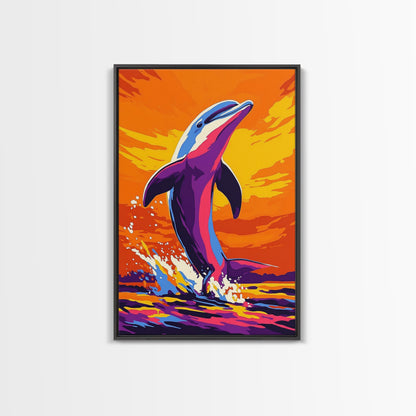 Dolphin Ocean, Sunset, Framed Canvas Print, Vibrant Sea Life Art, Beach House Decor, Coastal Living Art, Sunset Painting, Nautical Theme