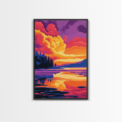 Tranquil Lake, Vibrant Sunset, Reflection Art, Serene Scene, Framed Canvas Print, Living Room Wall Art, Nature Decor, Landscape Painting
