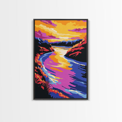 Sunset River Bend, Vibrant Landscape, Colorful Sky, Bold Nature, Framed Canvas Print, Living Room Art, Rustic Wall Decor, Boho Landscape