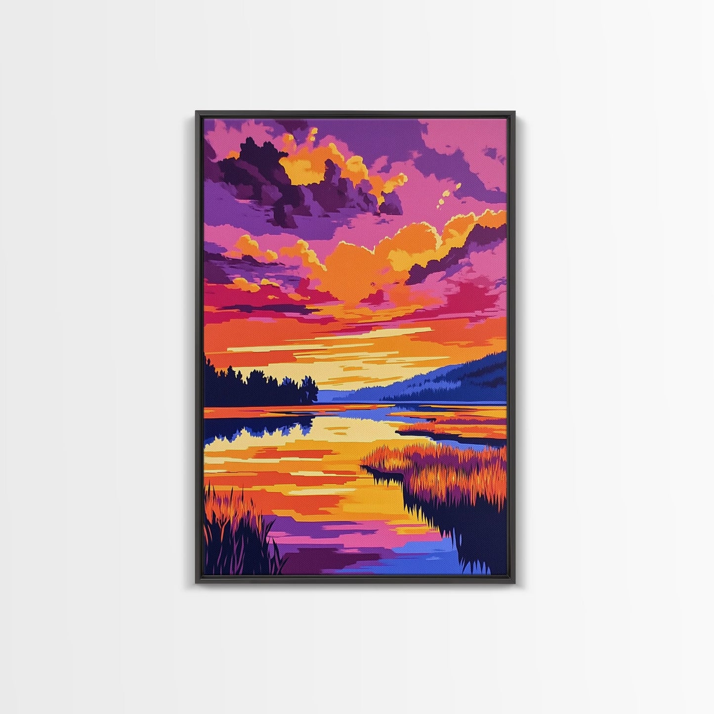 Sonnenuntergangsspiegelung, lebendige Naturkunst, Herbstlandschaft, malerische Wanddekoration, gerahmter Leinwanddruck, Wandbild fürs Wohnzimmer, Boho-Kunst