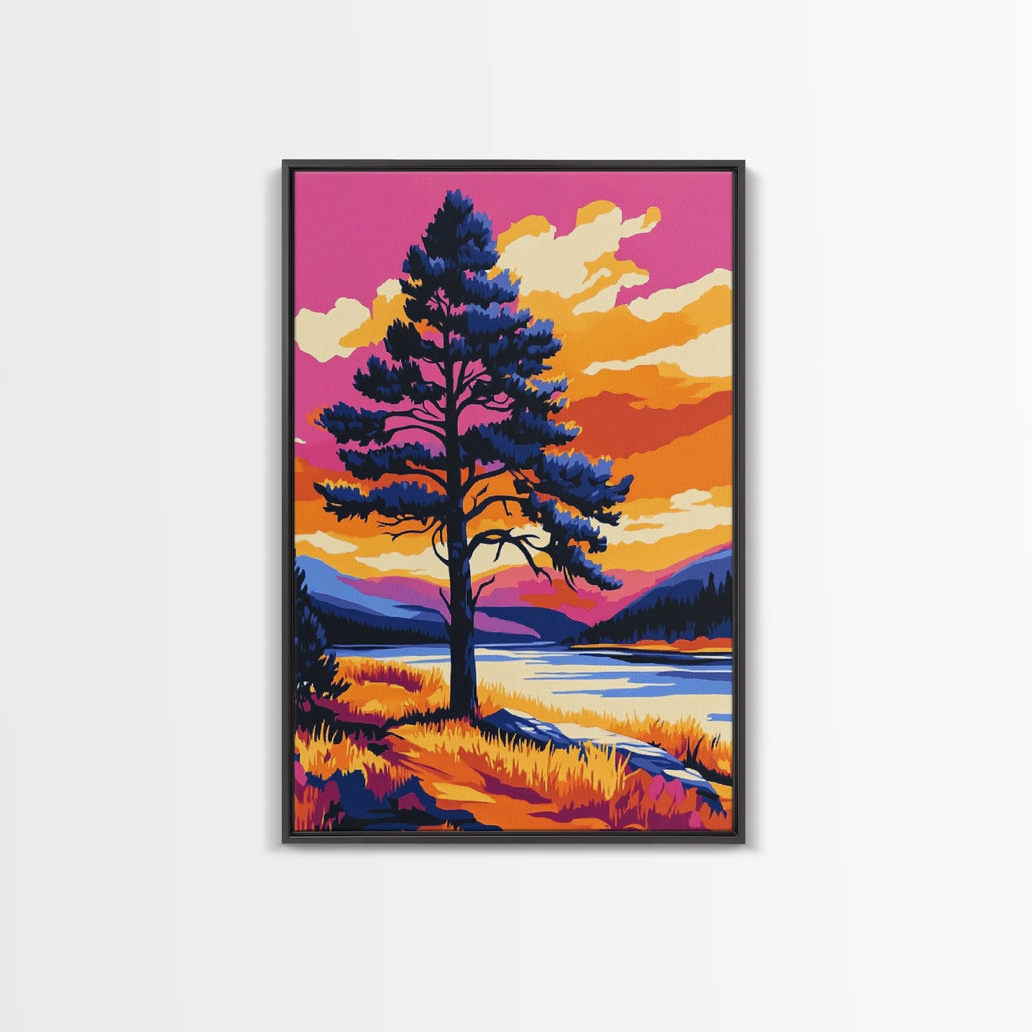 Lone Tree, Mountain Landscape, Vibrant Nature Art, Sunset Painting, Framed Canvas Print, Wilderness Decor, Autumn Wall Art, Office Decor