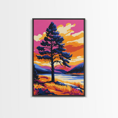 Lone Tree, Mountain Landscape, Vibrant Nature Art, Sunset Painting, Framed Canvas Print, Wilderness Decor, Autumn Wall Art, Office Decor