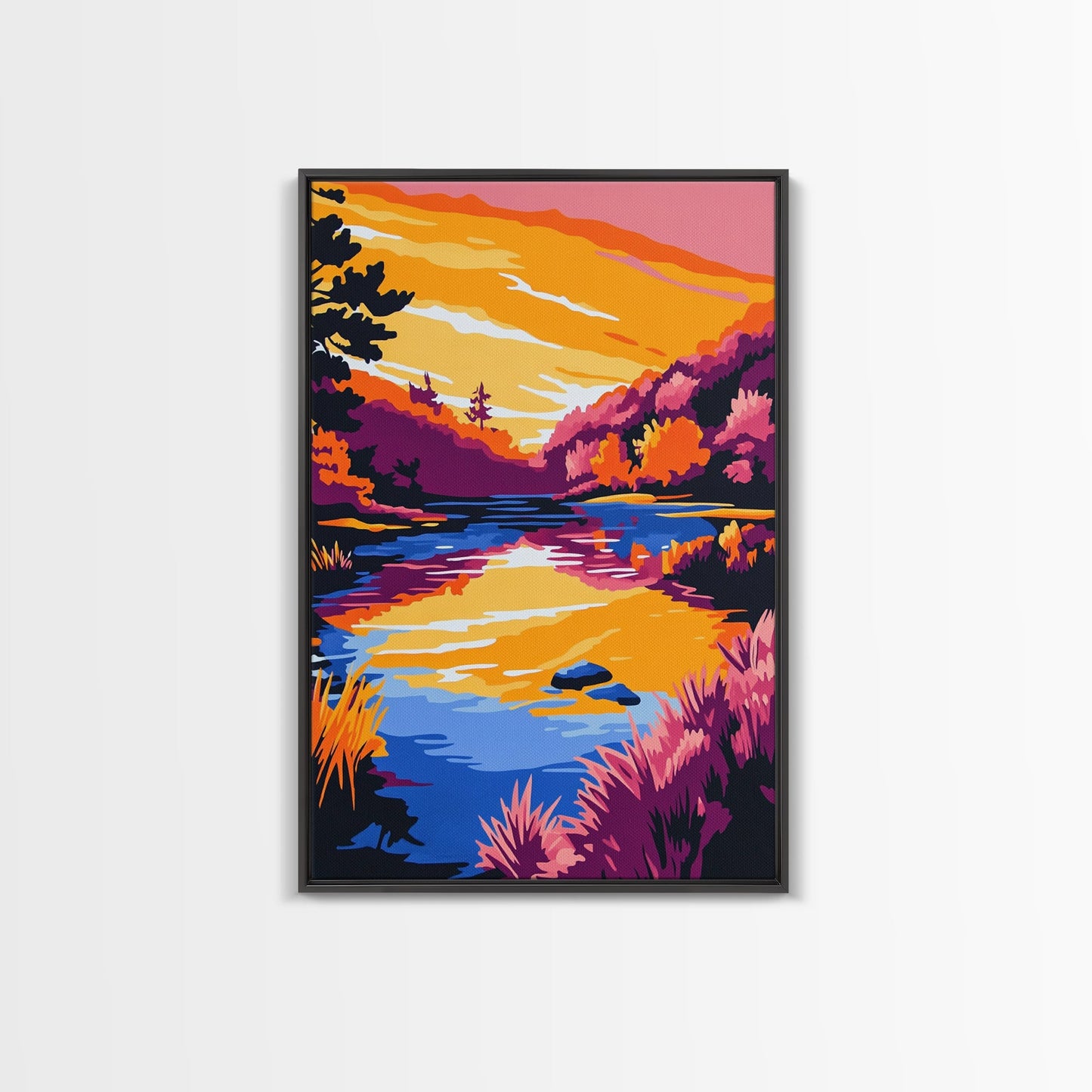 Tranquil Stream, Sunset Reflection, Framed Canvas Print, Cozy Wall Art, Nature Retreat Decor, Living Room Artwork, Serene Landscape