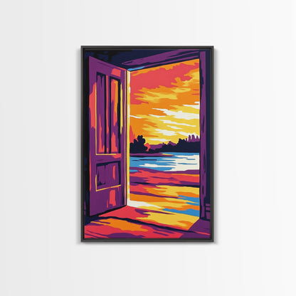 Offene Tür, Sonnenuntergangsmotiv, Gemälde mit warmem Licht, Einladende Wohndekoration, Inspirierende Wandkunst, Gemütliche Inneneinrichtung, Gerahmter Leinwanddruck