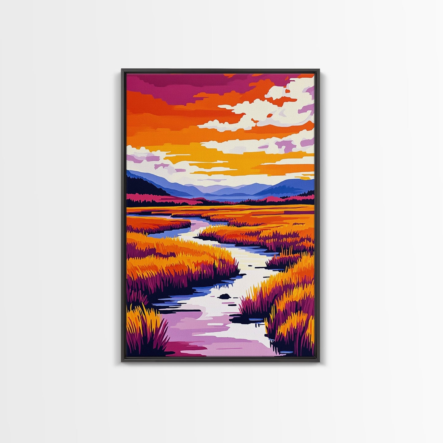 River Landscape Painting, Autumn Wall Art, Nature Inspired Print, Warm Color Palette, Framed Canvas Print, Cozy Living Room Decor