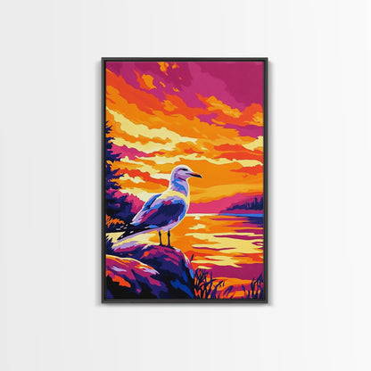 Seagull Sunset Art, Coastal Bird Painting, Ocean Landscape Print, Beach House Wall Decor, Framed Canvas Print, Nautical Bedroom Artwork